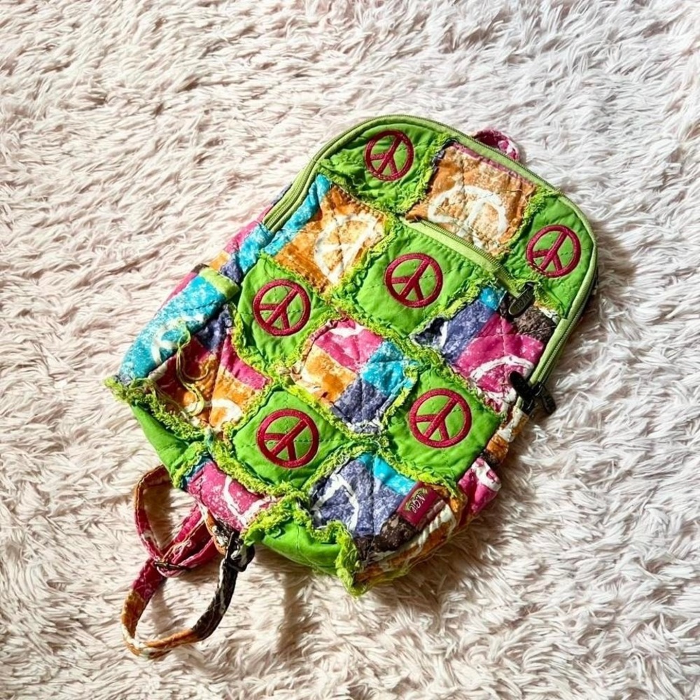 Y2K Patchwork Distressed Vivid Kidcore Hippie Peace Backpack Purse Boho Quirky
